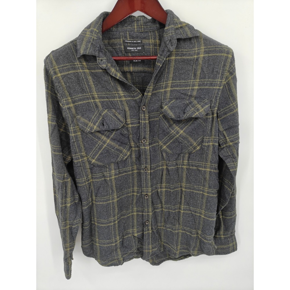 Kenneth Cole New York Mens Slim Fit Plaid Flannel Shirt Gray Green Medium